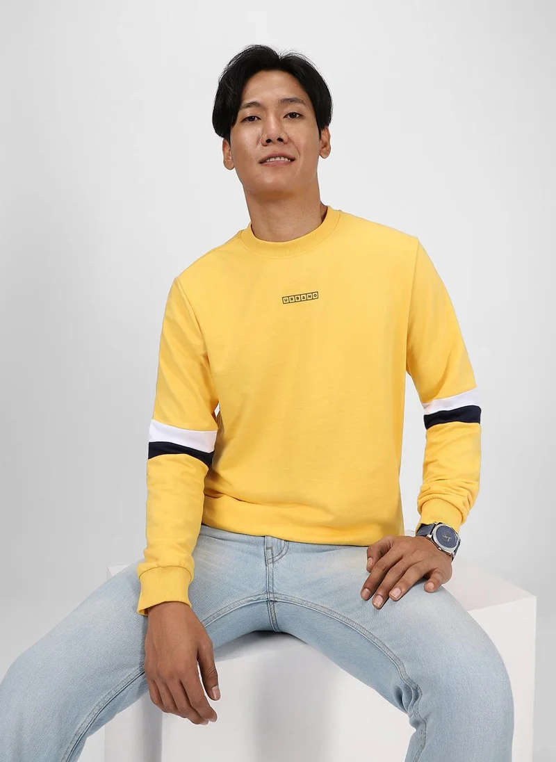 Urbano Fashion Men's Yellow Cotton Color Block Round Neck Sweatshirt